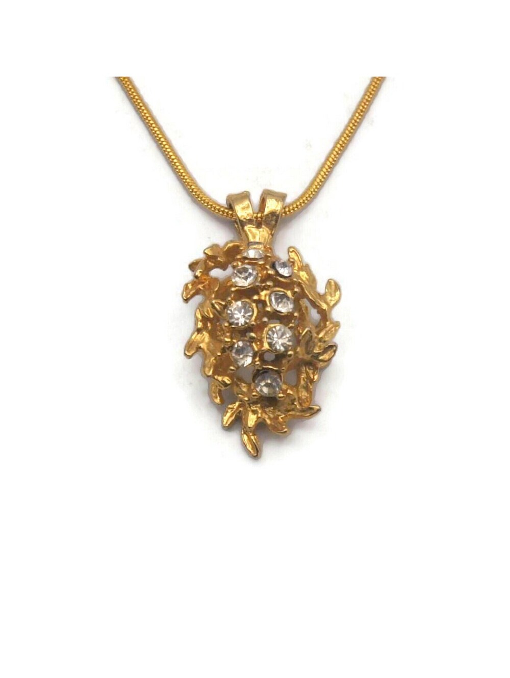 Vintage Gold Tone and Clear Rhinestone Pendant on 18 Inch Gold Tone Snake Chain.